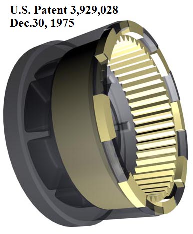 US Patent 3,929,028. Composite gear wheel in transparent rendering.