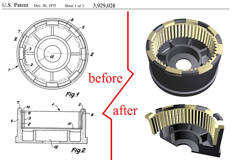 US Patent 3,929,028. Composite gear wheel in patent and in CAD model.